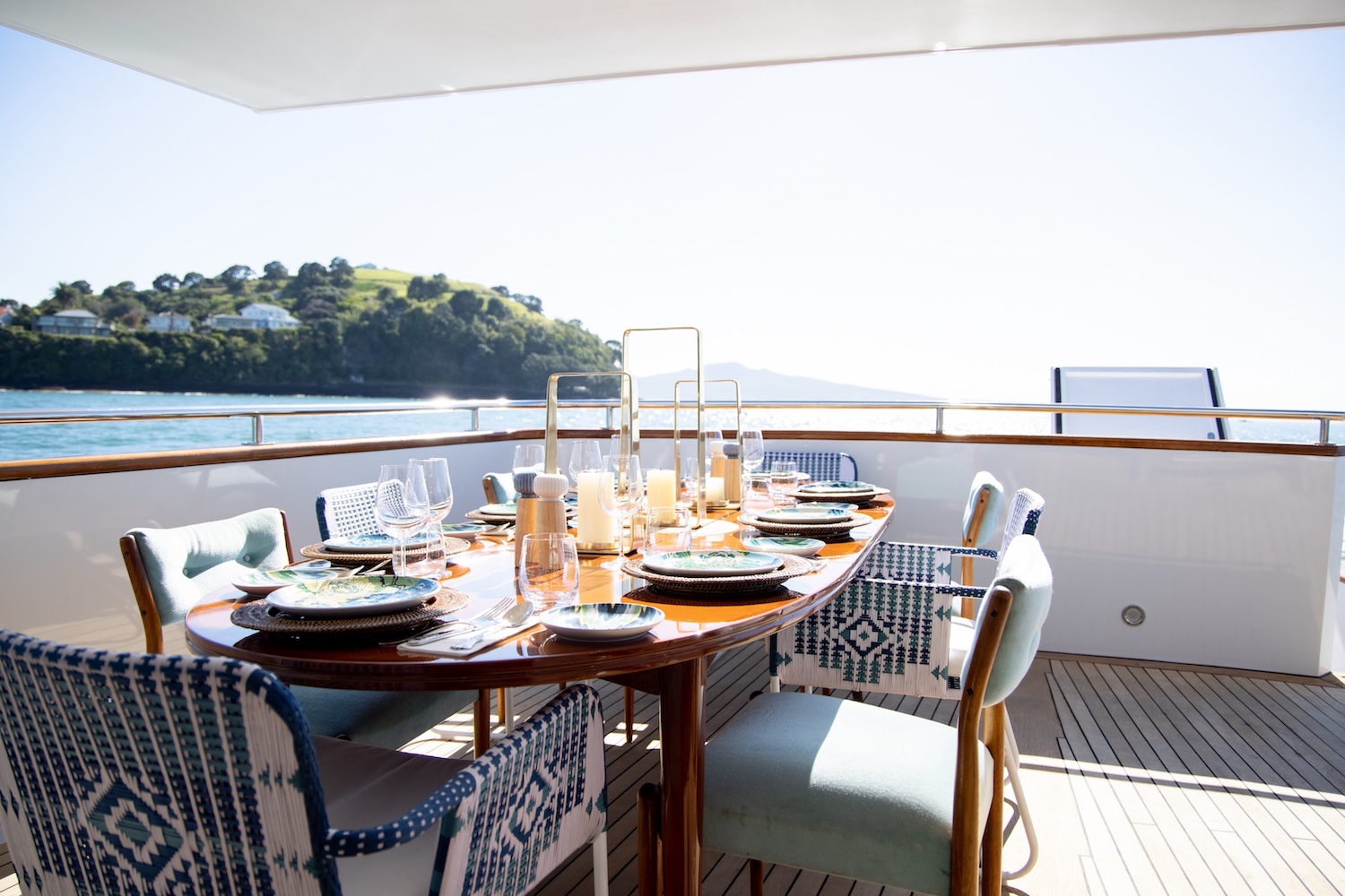 Beautiful breakfast set up aboard motor yacht SEA BREEZE III available in the South Pacific and French Polynesia