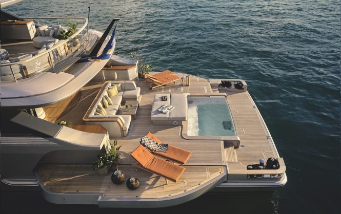 The spectacular beach club aboard charter yacht REBECA