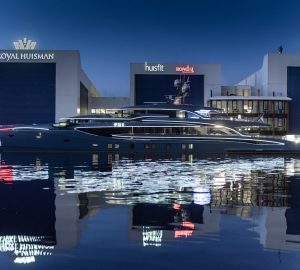 Royal Huisman superyacht PHI delivery celebrated with laser light show