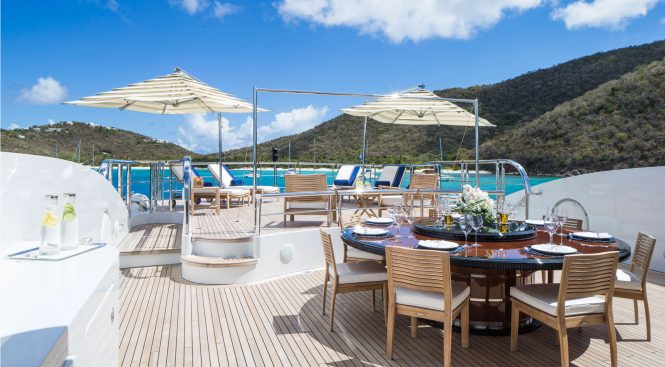 Alfresco dining areas and relaxation throughout the yacht