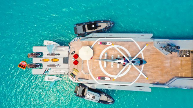 aerial view of the yacht with toys and helicopter aboard motor yacht BOLD - a similar 'selection' is expected to be found on GLOBALFAST