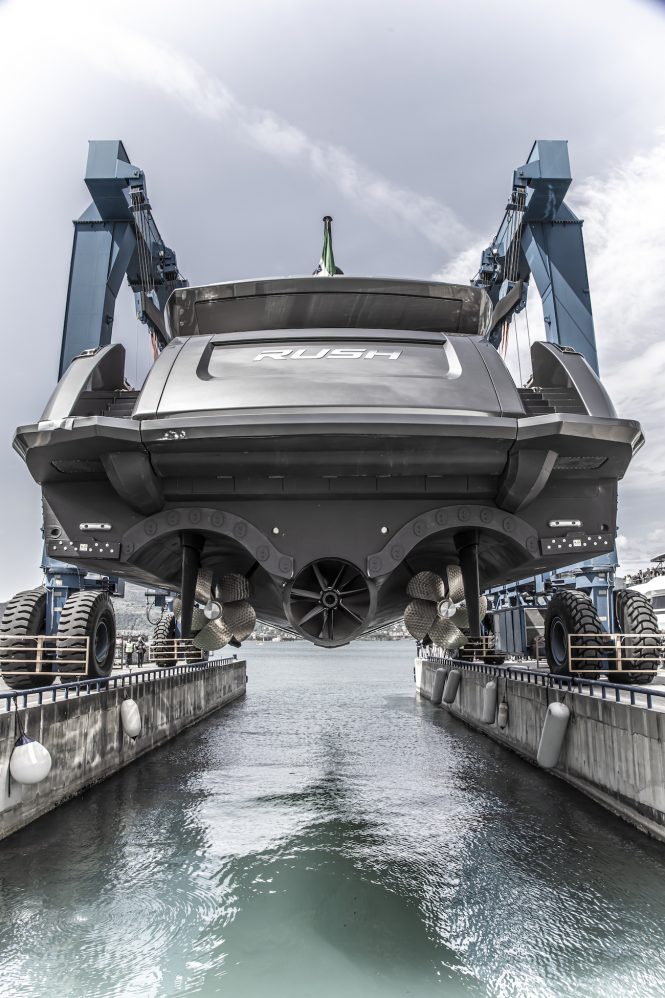 Baglietto yacht RUSH about to hit water