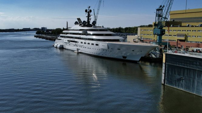Mega yacht Project BLUE at Lurssen undergoing finishing work before delivery - Photo © DrDuu