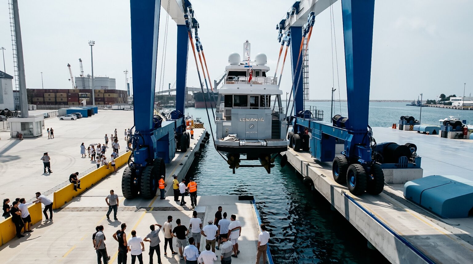 Lemanja yacht being launched onto the water