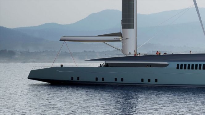Aft rendering of WING 100 super sailing yacht
