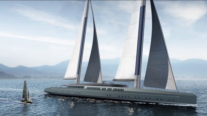 Royal Huisman WING 100 yacht under sail - render