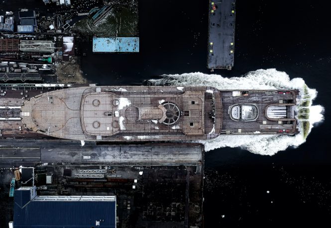 Lurssen mega yacht Cosmos launching aerial - Photo Tom Van Oossanen