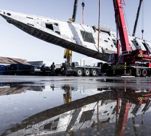 65m Sailing yacht AQUARIUS II (Royal Huisman Project 408) took another step towards completion as her hull was turned