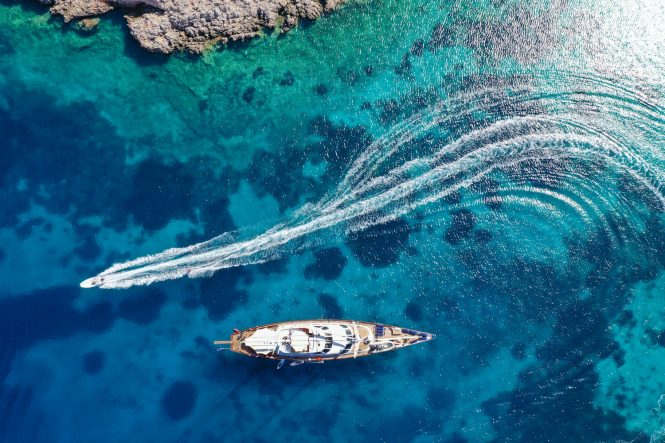 Aerial view of the TAMARITA sailing yacht available for charter in Greece