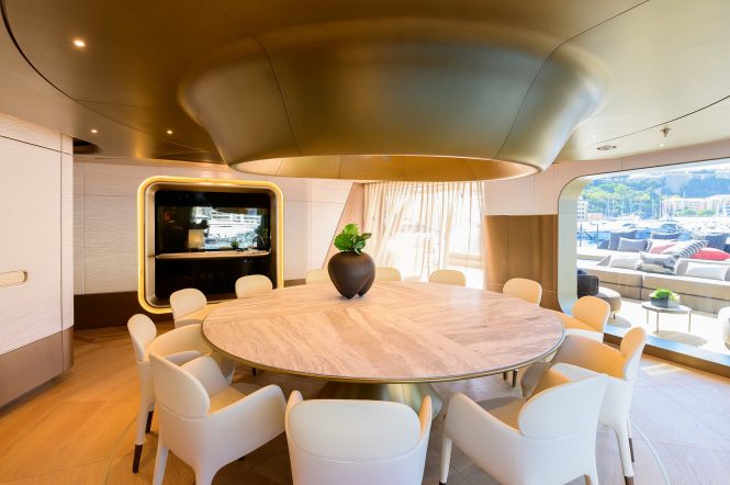 Round dining table with volcano inspired ceiling | photograph Sebastien Arsi