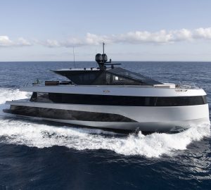 Striking, modern and masculine motor yacht BAD MUTHA available for Christmas and New Year's in the Bahamas