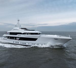 55m superyacht IRIS BLUE - a Heesen 55 Steel - is seen on sea trials in the North Sea