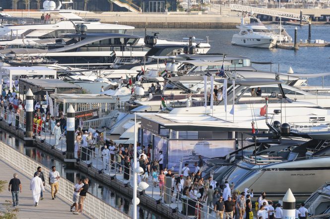 The line up of yachts at the Dubai International Boat Show
