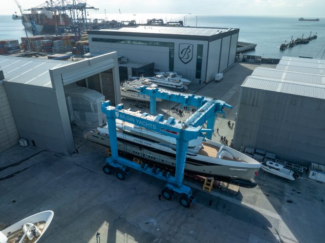 ETERNAL SPARK aerial view of the yacht getting ready for launch
