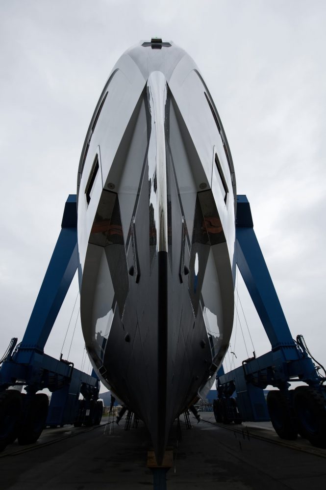 Bow of BEL1 yacht - ready for launch