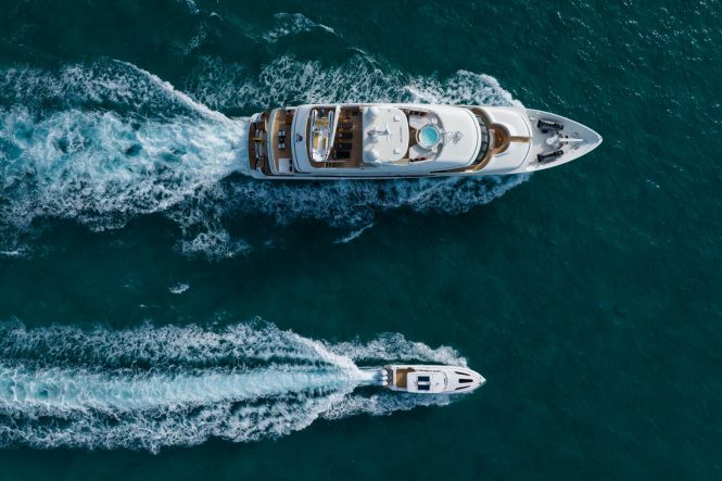Aerial view of the motor yacht Crossed Sabre