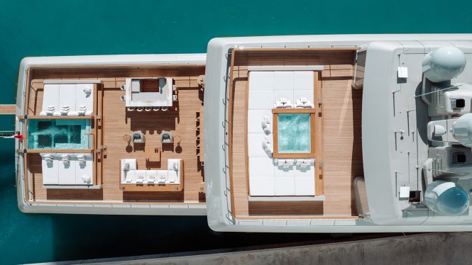 Aerial view of the aft decks with pools