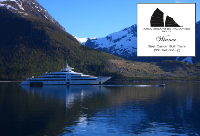 Vibrant Curiosity receives an Award for the Best Custom Built Yacht (150 ft and up) at the Asia Boating Awards 2010