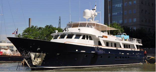 Motor yacht Bayou with Amphicar spotted at Dennis Conner’s North Cove.