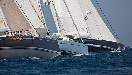 Yachts Ganesha and Highland Fling enjoy big breeze in ‘Bomb Alley’ in the Loro Piana Superyacht Regatta in Porto Cervo today