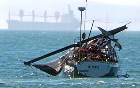 The damage after a southern right whale landed on a sailing yacht breacking its mast