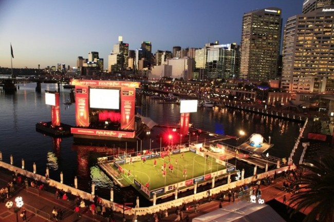 Walcon Marine’s floating football pitch for World Cup in Sydney Harbour, Australia.