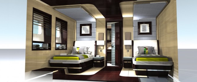 Bennenberg and Rowell designed Heesen Superyacht YN 15747 Lower Deck Twin Cabins Portside View to Bed