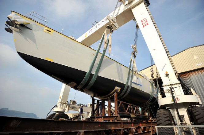 Pendennis B105 Yacht preparing for launch