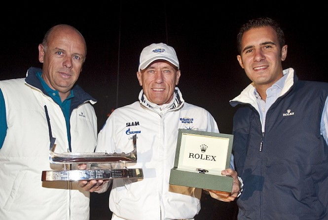 Line Honours Presentation, L-R Georges Bonello DuPuis (RMSR Commodore), Igor Simcic (ESIMIT EUROPA 2) and Malcolm Lowell Jr. from Edwards' Lowell Photo credit Rolex Kurt Arrigo Line Honours Presentation, L-R Georges Bonello DuPuis (RMSR Commodore), Igor Simcic (ESIMIT EUROPA 2) and Malcolm Lowell Jr. from Edwards' Lowell Photo credit Rolex Kurt Arrigo