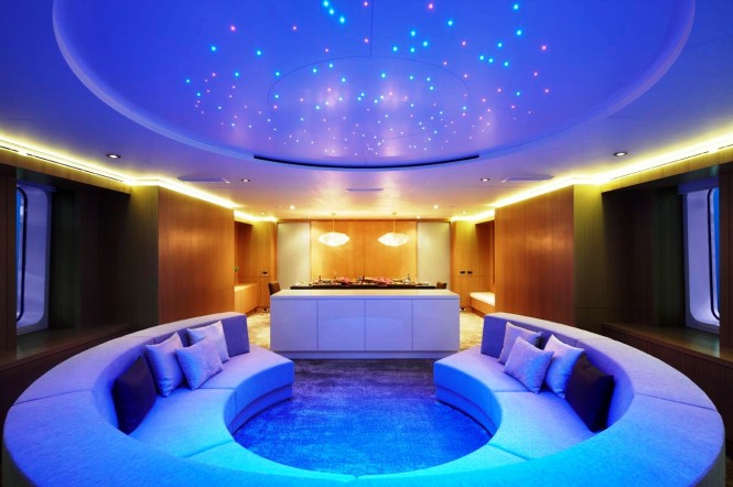 Circular couch featured in the main deck lounge of the motor yacht GO Circular couch featured in the main deck lounge of the motor yacht GO