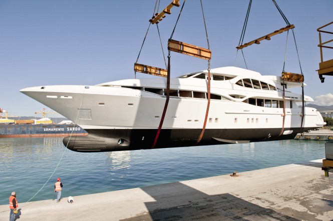 First hull of Mangusta 148’ Oceano Motor yacht by Overmarine arrives in Viareggio First hull of Mangusta 148’ Oceano Motor yacht by Overmarine arrives in Viareggio