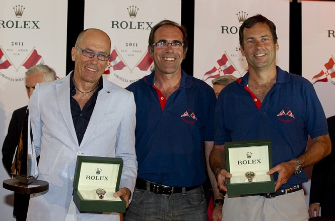 Igor Simcic, owner of ESIMIT EUROPA 2, Michel Heyraud and Dominique Heyraud owners of FOXY LADY, winners of the 2011 Giraglia Rolex Cup Photo credit Rolex Carlo Borlenghi Igor Simcic, owner of ESIMIT EUROPA 2, Michel Heyraud and Dominique Heyraud owners of FOXY LADY, winners of the 2011 Giraglia Rolex Cup Photo credit Rolex Carlo Borlenghi