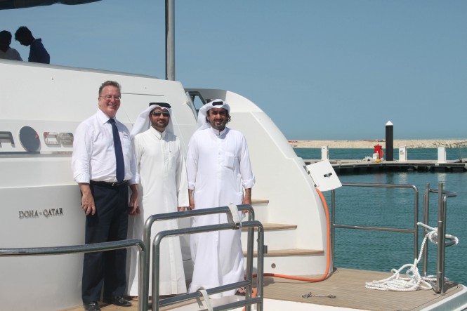 At the Lusail Marina - Left, Michael Horrigan, middle, Eng. Essa Mohammed Ali Kaldari,  right Salman Jassim Al Darwish - Image Mourjan Marinas IGY