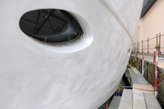Hull of the Mistral 55 yacht sanded and prepared Hull of the Mistral 55 yacht sanded and prepared