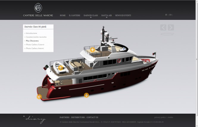 Screenshot of the Darwin Class 86 ft yacht found on the newly launched Cantiere Delle Marche website Screenshot of the Darwin Class 86 ft yacht found on the newly launched Cantiere Delle Marche website
