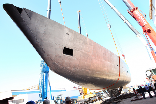 Turning of the first 60m Perini Series sailing yacht C.2193 at their Trukish shipyard Turning of the first 60m Perini Series sailing yacht C.2193 at their Trukish shipyard