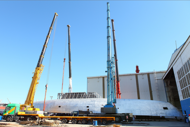 Hull of the first 60m Perini sailing yacht C.2193 has been turned