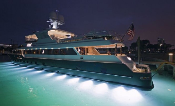 132′ motor yacht Serque with exterior light design by Underwater Lights Ltd.