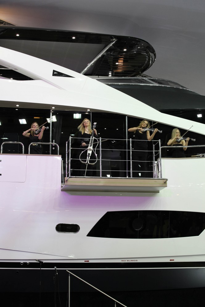 Asteria string quartet at the World debut of the New Sunseeker 28m Motor Yacht at 2012 Tullett Prebon London Boat Show – Photo Credit Sunseeker International. Asteria string quartet at the World debut of the New Sunseeker 28m Motor Yacht at 2012 Tullett Prebon London Boat Show – Photo Credit Sunseeker International.