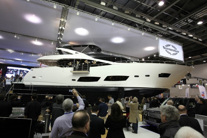 World debut of the New Sunseeker 28m Motor Yacht at 2012 Tullett Prebon London Boat Show