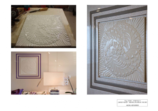 One of the unique design features created by Michela Reverberi - a carved wood medallion placed above the beds One of the unique design features created by Michela Reverberi - a carved wood medallion placed above the beds
