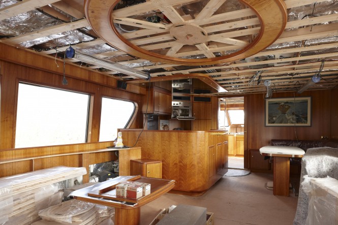 Main lounge of the motor yacht SJS getting new ceiling, TV + lift and settees Main lounge of the motor yacht SJS getting new ceiling, TV + lift and settees