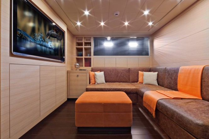 Mangusta 92 motor yacht by Overmarine Group - lower Salon - Photo Credit Alberto Cocchi
