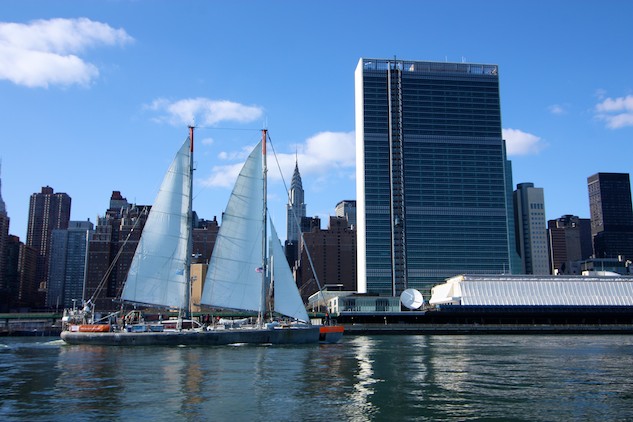 Super yacht Tara next to the building of the United Nations, NYC Photo V. Hilaire Tara Expedition