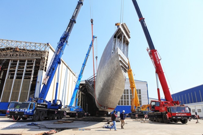 Hull of the 60m Perini Navi sailing yacht C. 2218 turned