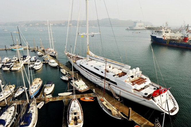 The World´s Largest Sailing Yacht M5 (ex MIRABELLA V) arrives at Pendennis for a one-year refit