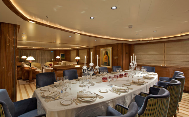 Luxury charter yacht O'Neiro main deck saloon and dining Luxury charter yacht O'Neiro main deck saloon and dining