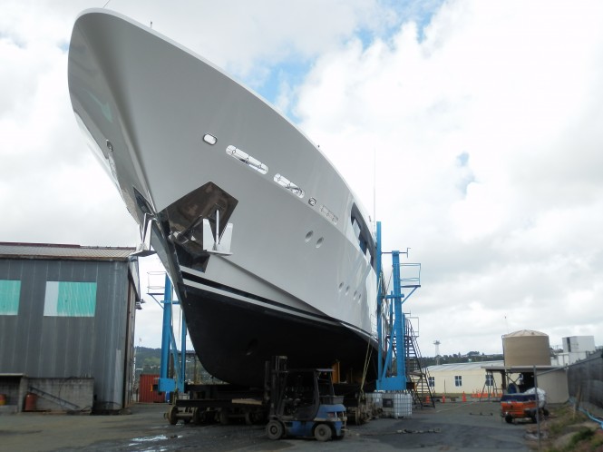 Westport luxury motor yacht My Girl at head of Oceania Marine slipway - on Hardstand Westport luxury motor yacht My Girl at head of Oceania Marine slipway - on Hardstand