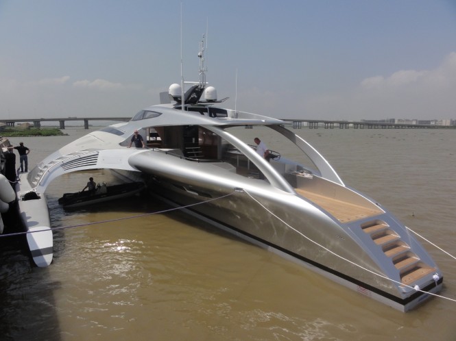 The stern view of the Adastra superyacht at dock The stern view of the Adastra superyacht at dock