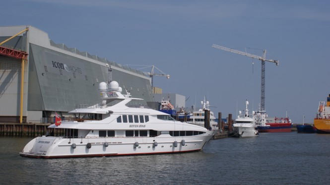 41m Heesen charter yacht Seven Sins arrives at Icon Yachts for extensive refit